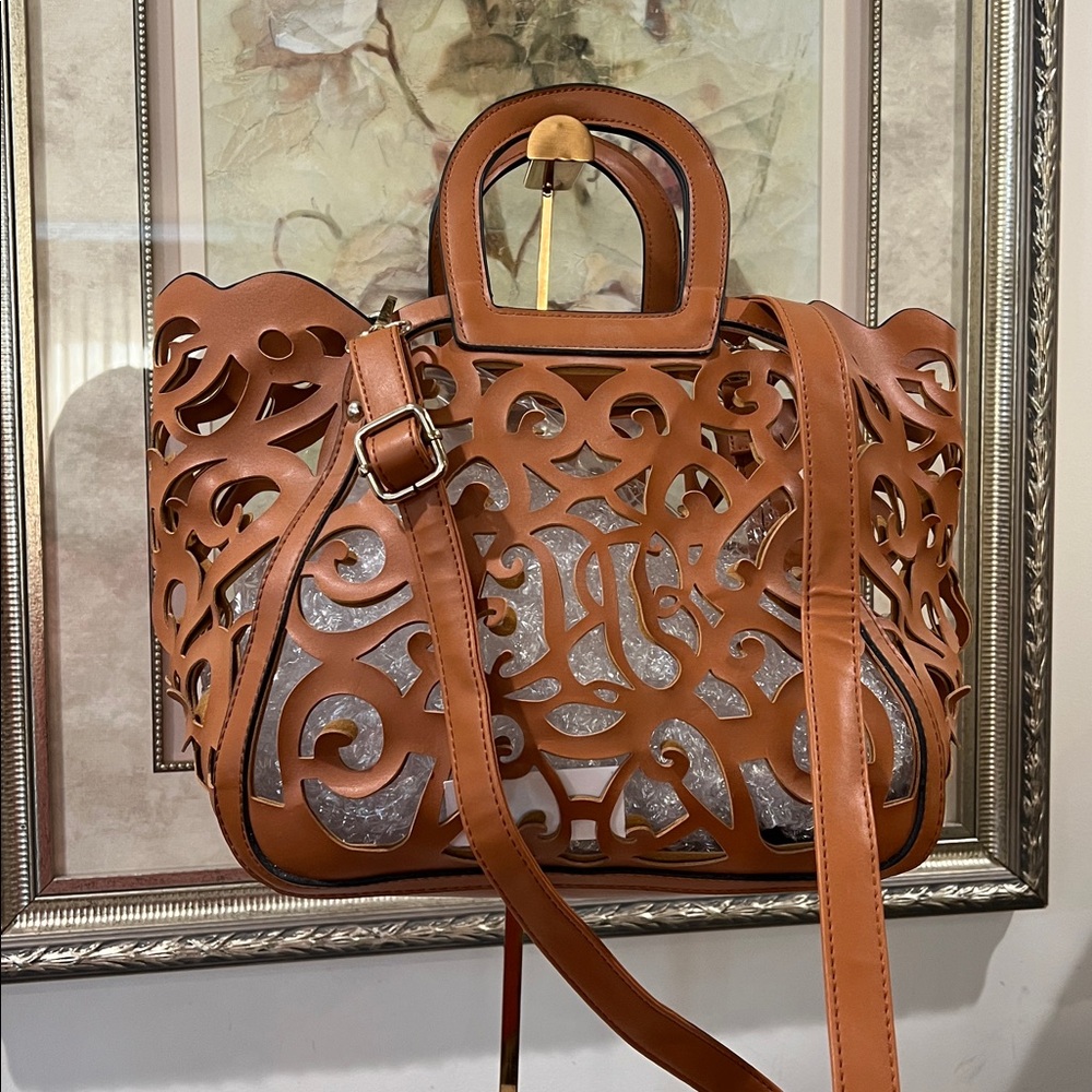Brown Laser Cut Cutout Handbag Crossbody - Picture 5 of 11
